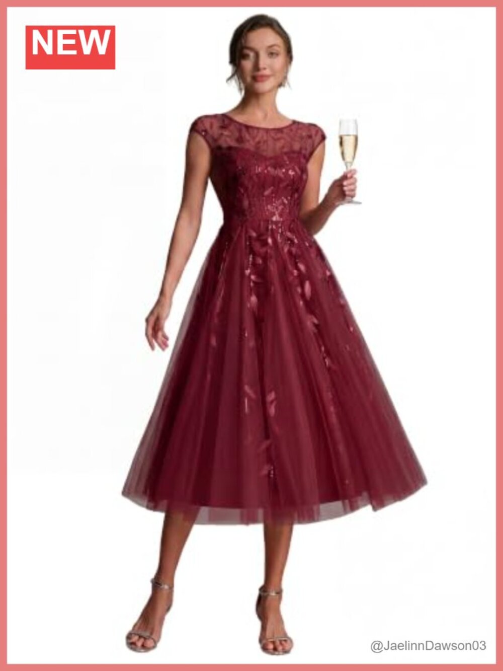 Sequin Tulle Midi Formal Dress Wedding Guest A-Line Cap Sleeve